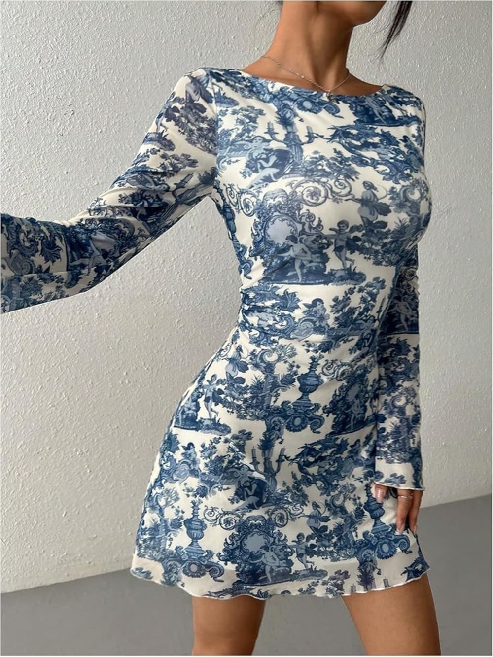 Blue & White Printed Long Sleeve Dress